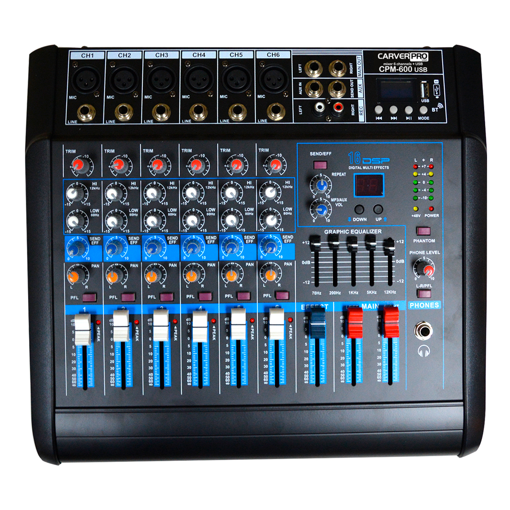 CONSOLA POWER MIXER 6CH BLUETOOTH + MP3 + USB CPM-600 CARVERPRO.  