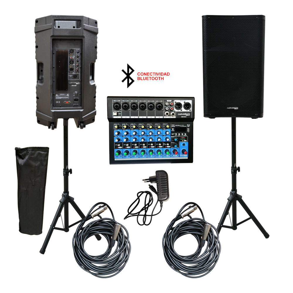 KIT AMPLIFICACION MIXER 8 CAN+ 2 CAJAS ACT. PARLANTE 15+ACC CARVER PRO