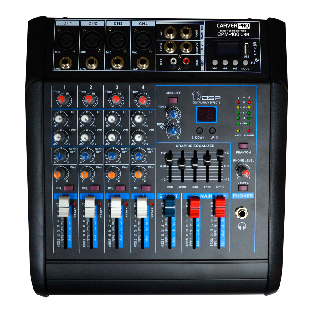 CONSOLA POWER MIXER 4CH BLUETOOTH + MP3 +USB CPM-400 CARVERPRO