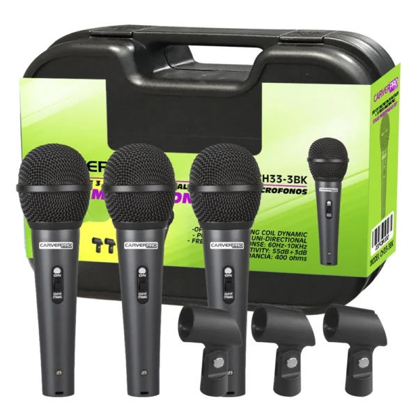 SET DE 3 MICROFONOS + PORTA MICROFONO MODELO CH33-3BK CARVERPRO